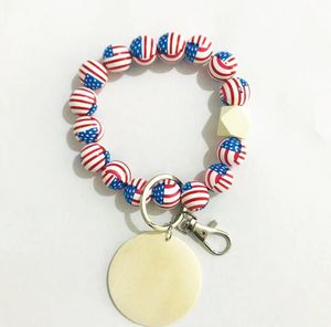 13 Colors American Flag Wooden Bead Bracelet Keychains Men Sports Style Wooden Tray Bracelets Basketball Football Rugby Bangle Keychain Independence Day Gift