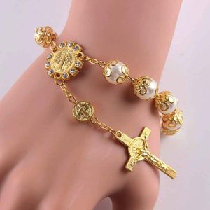 Bedelarmbanden religieuze Jezus Cross Bracelet Girls vrouwelijke goudkralen San Benito Alloy Boho Charms for Women Sieraden Bijouxcharm
