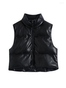 Women's Vests Winter Clother Women Puffer Jacket Vest Zip Up Black Faux Leather Gilet High Neck Sleeveless PU Quilted Padded Luci22