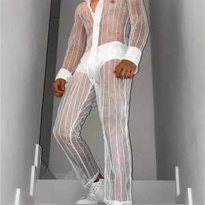 ファッションの男性セットメッシュパッチワーク透明なセクシーなラペル長袖シャツパンツストリートウェアマンスーツ2個のピース​​220609