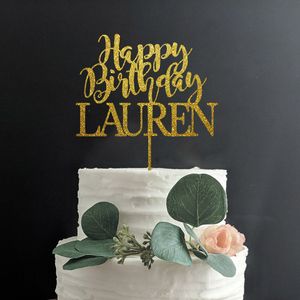 Nome personalizado Happy Cake Topper Party personalizado decomirror Gold Wood Rustic Birthday Supplies 220618