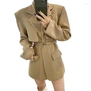 Women's Suits & Blazers Temperament Vintage Full Sleeve Ladies Suit Coat For Women Elegant With Belt Long Black Famle Autumn 2022 Blazer