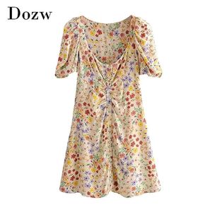 Summer Boho Floral Mini Dress Puff Short Sleeve Casual A Line Dress Women Pleated Single Breasted Beach Dress Ropa Mujer 210414