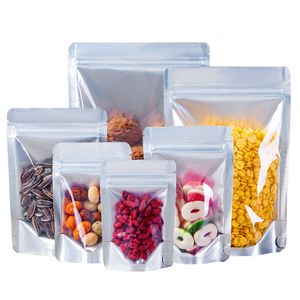 100 pcs Clear Frente Fontes Fatte De Alumínio Folha Zip Bloqueio Saco Selfetable Snack Candy Alimento Biscoitos Biscoitos Coffee Beans Presentes De Cereais Exibir malas de empacotamento