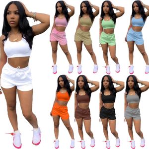 2022 Designer Women Sportwear Tracksuits Two Piece Yoga Pants Set Sexy Slim Crop Tank Top Biker Shorts Outfits For Summer