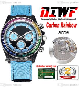 DIWF ETA A7750 Cronógrafo automático unissex homem feminino assista a fibra de carbono Rainbow Diamond Buzel azul Dial preto Branco Strap Super Edição Puretime F6