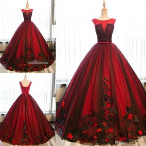 2020 새로운 검은 색과 빨간색 공 가운 Quinceanera 드레스 Tulle Sweet 16 레이스 업 3D 꽃 댄스 파티 가운 특별 행사 드레스 Pro232