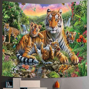 Tropische Pflanze Dschungel Tiger Wandteppiche Wald Tier Hippie Schöne Natur Landschaft Wasserfall Wandbehang Raumdekoration J220804