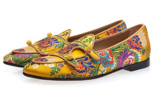 Designer-Men Mixed Colors Embroidered Floral Prom Wedding Shoes Slip On dress Handmade Shoes Buttoned Men Silk Loafers