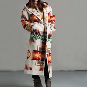 Casacos de trincheira feminina Padrão vintage Impresso Cardigan de capuz longo e outono Inverno Wind Windbreak sobrecarregando mulheres elegantes botão de bolso Top Mu