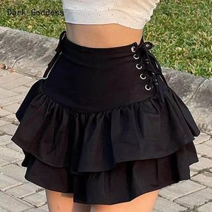 スカートゴス Egirl かわいい原宿黒の女性のミニスカート Y2k ゴシックセクシーなハイウエスト包帯プリーツフリル裾パーティードレススカート