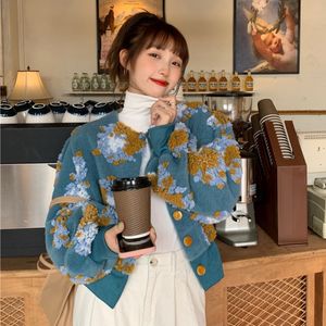 Vintage Flower Woman Outerwear Jacket Woolen Blends Cardigan Embroidery Bomber Jackets Korean Long Sleeve Crop Puffer Jacket Women Coats 2022