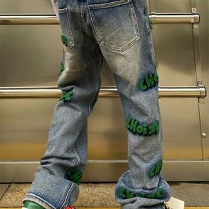 Höst och vinterbroder Broderi Flocking Washed Loose Casual Jeans Hip-hop High Street Style Mäns Kvinnors Byxor 220328