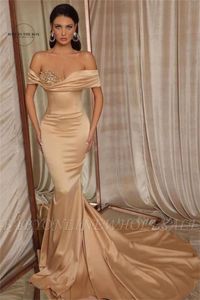 Elegant satin sjöjungfrun prom klänningar 2022 kläder de soirr off-shoulder champange sexig långa prom aftonklänningar vestido de festa