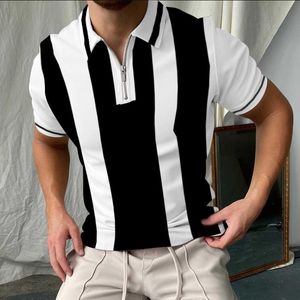 Polo da uomo Camicia da uomo da strada 2022 Summer Chic Strip Plaid Casual Patchwork Risvolto Cerniera Design Oversize Manica cortaUomo UomoUomo