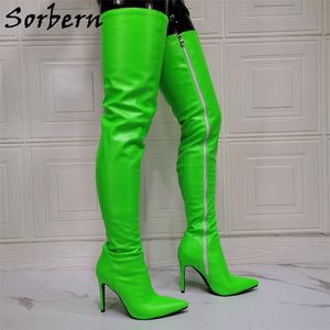 Sorbern Neon Green Thigh High Boots Full Zipper Pointed Toe High Heel Stilettos Fetish Female Shoes Size Eu33-48