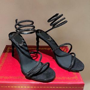 Luxuriöse Love-Stiletto-Absatz-Sandalen für Damenschuh Renes Cleo Crystal Caovilla besetzte Schlangen-Strass-Schuhe Luxus-Designer-Knöchelwickelmode