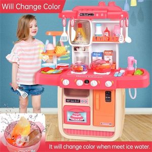 Big Size 38 Pcs Novelty toy change color Pretend Play Toy Kitchen Set Plastic With Light Smog Cooking Play Food Cart ToyD232 LJ201211