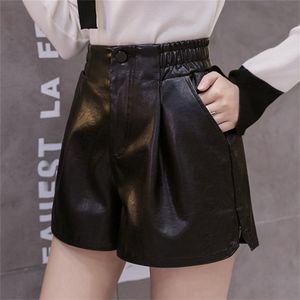 Schwarz Lose Weiche Pu Leder Shorts Frauen Breite Bein Faux Leder Shorts Hohe Taille Winter Weiblichen Kurzen Hosen Femme Pantalon 220419