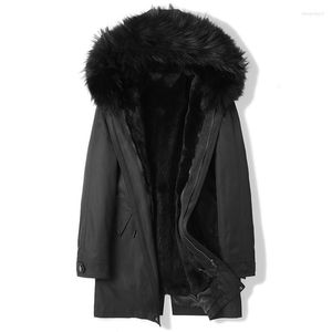 Männer Leder Faux Winter Jacke Männer Parka Echtpelz Mantel Liner Dicken Luxus Waschbären Kragen Mit Kapuze Parkas D09A9721