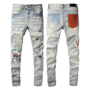 Дизайнерские джинсы Мужские джинсы Rip Jeans Man Skinny Rock Biker Denm Distress Straight Blue Fashion Tan Packt