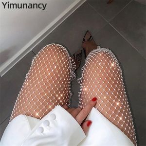 Yimunancy Diamond Mesh Pants Women Sexy Summer Hollow Out Transparent Loose Long Fishnet Pants Club Trousers T200606