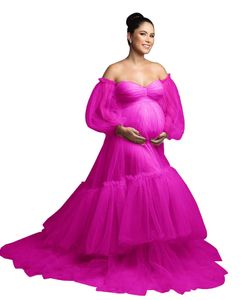 Olive Maternity Prom Dresses Sheer Tulle Photo Robe Sweetheart Långärmning Front Open Mesh Puffy Photoshoot eller babyshower klänning