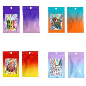 100pcs lot Gradient Color Flat Zipper Bags Holographic Aluminum Foil Pouch Cosmetics Gift Retail Bags with Hang Hole