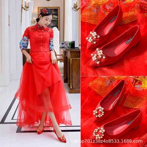 Pointed French style shallow mouth single shoes small fragrant wind grandma wedding women's Xiuhe coarse heel Han suit 220506