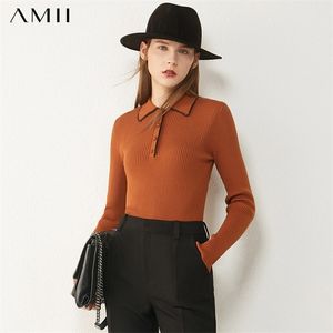 AMII minimalism Autumn Winter Womens tröja Temperament Spliced ​​Slim Fit Lapel Women Pullover Kvinnliga tröja toppar 12030393 201221