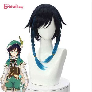 l-mail-peluca de cabello sintético genshin 충격 Venti, Cabellera Cosplay, Color Azul Gradado con Trenzas, Coletas, Flequillo, 220505