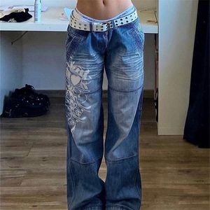 Tawnie tryckt baggy y2k jeans kvinnors låga midja jeans höst vinter överdimensionerade breda ben baggy byxor casual lastbyxor 220624