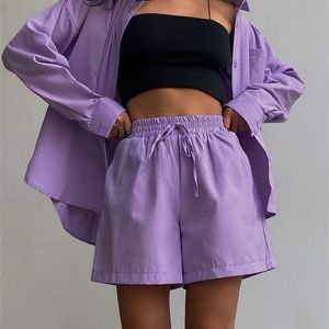 Mnealways18 Casual Shorts Tracksuit Long Sleeve Womens Shirts And Waist Shorts Two Pieces Suits Ladies Outfits Summer 220713