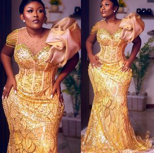 2022 Plus Size Arabic Aso Ebi Gold Luxurious Mermaid Prom Dresses Beaded Crystals Evening Formal Party Second Reception Birthday Engagement Gowns Dress ZJ185