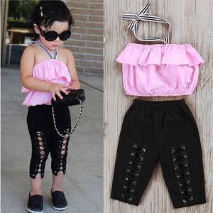 2st Baby Girls Clothing Set Summer Pink Top Ruffle Cross Bandage Pant Children Fashion 220620