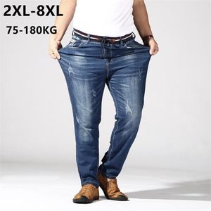 Erkekler artı boyutu pantolonlar büyük kotlar erkekler 6xl 7xl 8xl 180kg kıyafetler pantolonlar homme streç düz gevşek denim mavi jean markası yırtık pantolon 211021