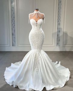 Yüksek Boyun Chorak Denizkızı Gelinlik Tassel Boncuklu Dantel Şapel Tren Prenses Gelin Gown Vestidos De Novia