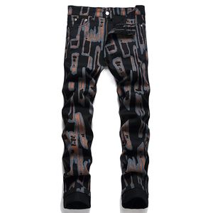 New Printed Black Jeans Men's Slim Stretch Fashion Pencil Pants Midwaist Casual Hip Hop Trousers Street Trend Male Clothing