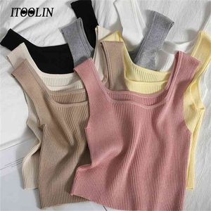 ITOOLIN Spring Summer Tank Tops Women Slim Solid Knit Vest Female Camisole Korean Fashion Crop Top Mujer Streetwear Beige 210401