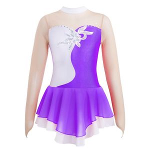 Scene Wear Figure Skating Dress Girls Ballet Tutu Long Sleeves Keyhole Back Mesh Patchwork Faux Diamonds Dancewear For PerformanCestage