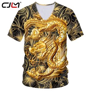 CJLM Man Casual T Shirt 3D Print Golden Dragon Fashion Short Sleeve V-neck T-shirt Men Punk Street Style Tee Shirt Tops Custom 220619