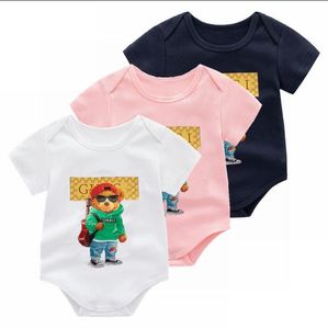 Модные мальчики для мальчиков девочки -бренд Dompers Лето новорожденный мультфильм -медведь комбинезоны хлопковые малыши с коротким рукавом с коротким рукавом, маленькие буквы, напечатанные одежда