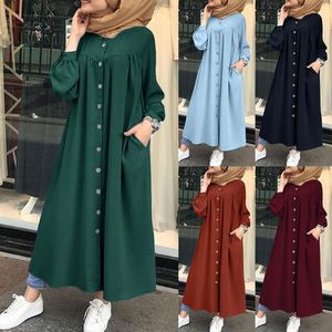 Abbigliamento etnico Abito musulmano 2022 Donna Hijab Camicia Manica lunga Maxi Abiti Donna Bottone Abito Femme Musulman Alta Wasit Solido Vestito estivo