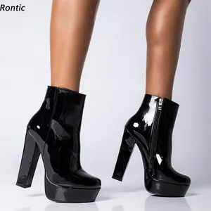 Rontic New Stylish Ladies Winter Botki Buty Patent Skórzane Stabilne Chunky Obcasy Okrągłe Toe Ładne Czarne Party Buty US Rozmiar 5-20