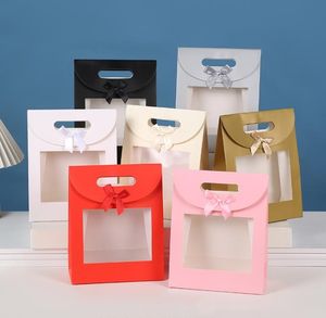 Bolsa de papel de papel colorida com fita, manuseio de presentes embalagens de embalagem de festas de casamento favoritos 100pcs/lote sn4497