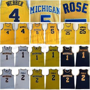 5 Jalen Rose Michigan Wolverines Trikot 4 Chris Webber 25 Juwan Howard 1 Charles Matthews 2 Jorda Poole College Basketball Gelbe Herren weiße Trikots Uniformen