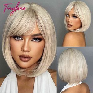 White Blonde Gray Synthetic Wigs with Bangs Short Straight Bob Hair Wig for Women Cosplay Daily Natural Hair Heat Resistant