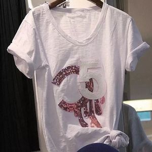 2202 Kadın Üst Payetler Pembe Tişört Harf Casual Kısa Kollu Payetli T-Shirt Moda Tee Femme Lady Giyim Y52F # yazdır