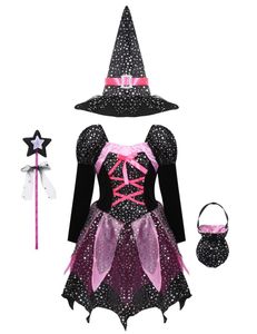 Kledingsets Kids Girls Halloween Witch Kostuum Outfit Lange mouw Sparkly Silver Stars Gedrukte jurk met puntige hoed Wand Candy Bag Setcl