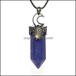 Collane con ciondolo Pendenti Gioielli Jln Colonna esagonale Pietra preziosa Placcato argento antico Accessorio a mezza luna più Collana di perline di labradorite con